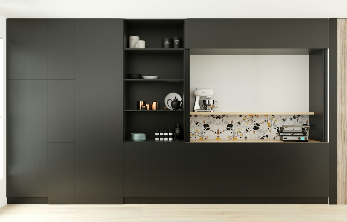 Matte black kitchen joinery with open shelving